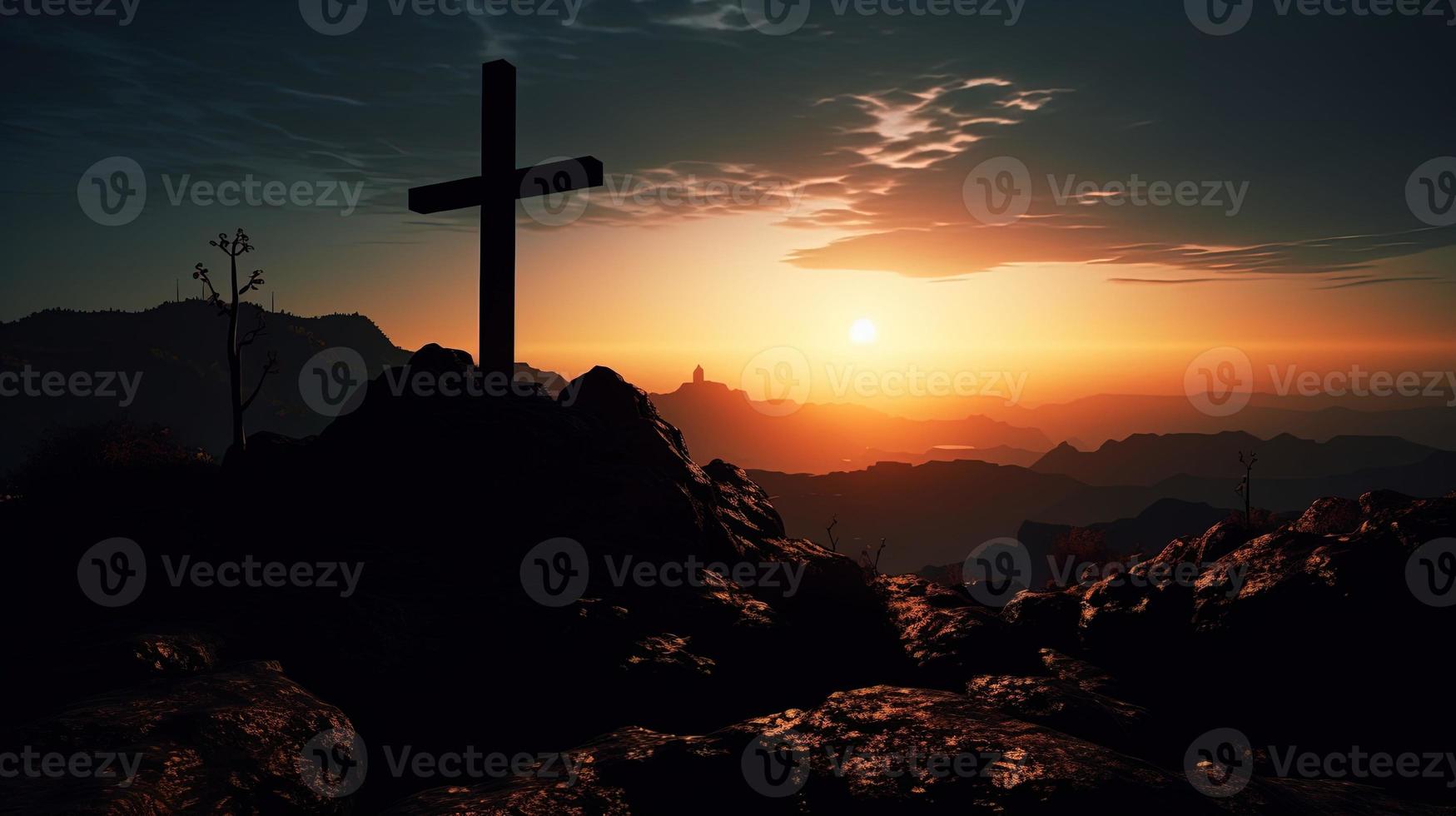 Mountain Majesty Artistic Silhouette of Crucifix Cross Against Sunset Sky photo