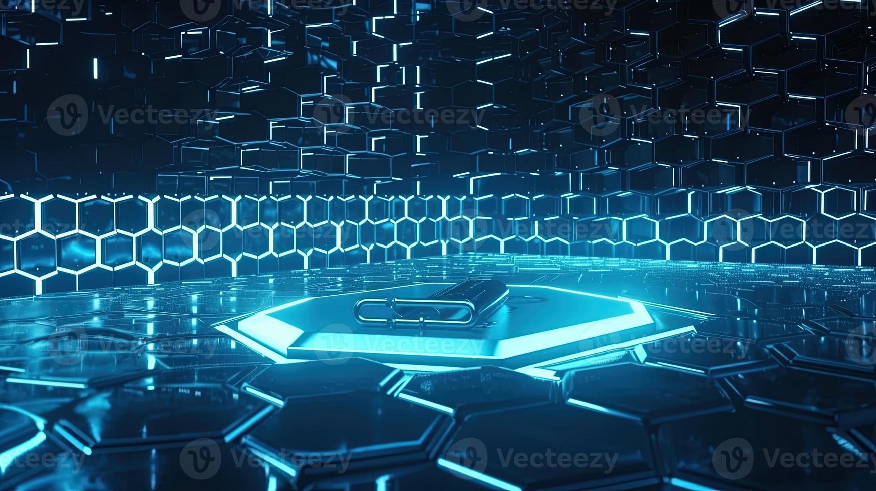 Cyber security concept with closed padlock on hexagons background 3D rendering photo