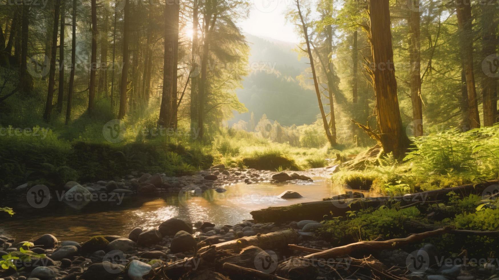 A peaceful forest clearing bathed in warm sunlight, surrounded by tall trees and lush foliage, with a gentle stream trickling through the undergrowth and a distant mountain range visible photo