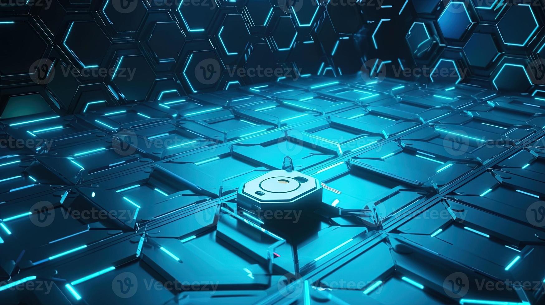 Cyber security concept with closed padlock on hexagons background 3D rendering photo