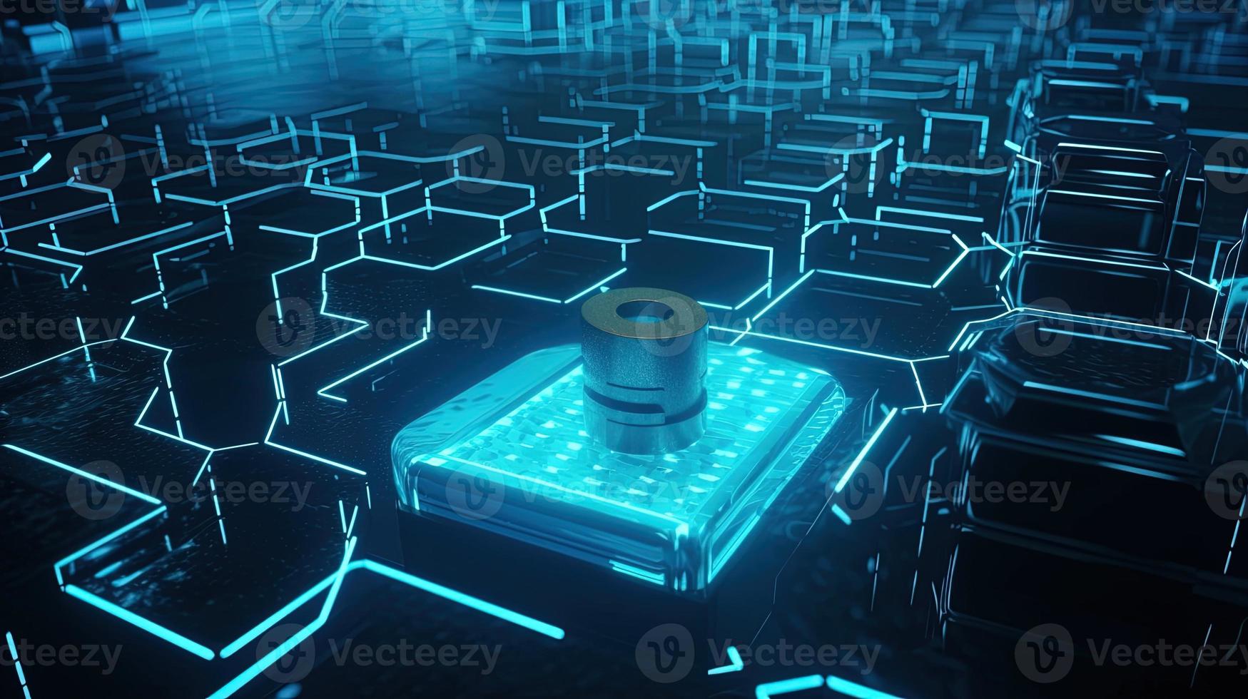 Cyber security concept with closed padlock on hexagons background 3D rendering photo