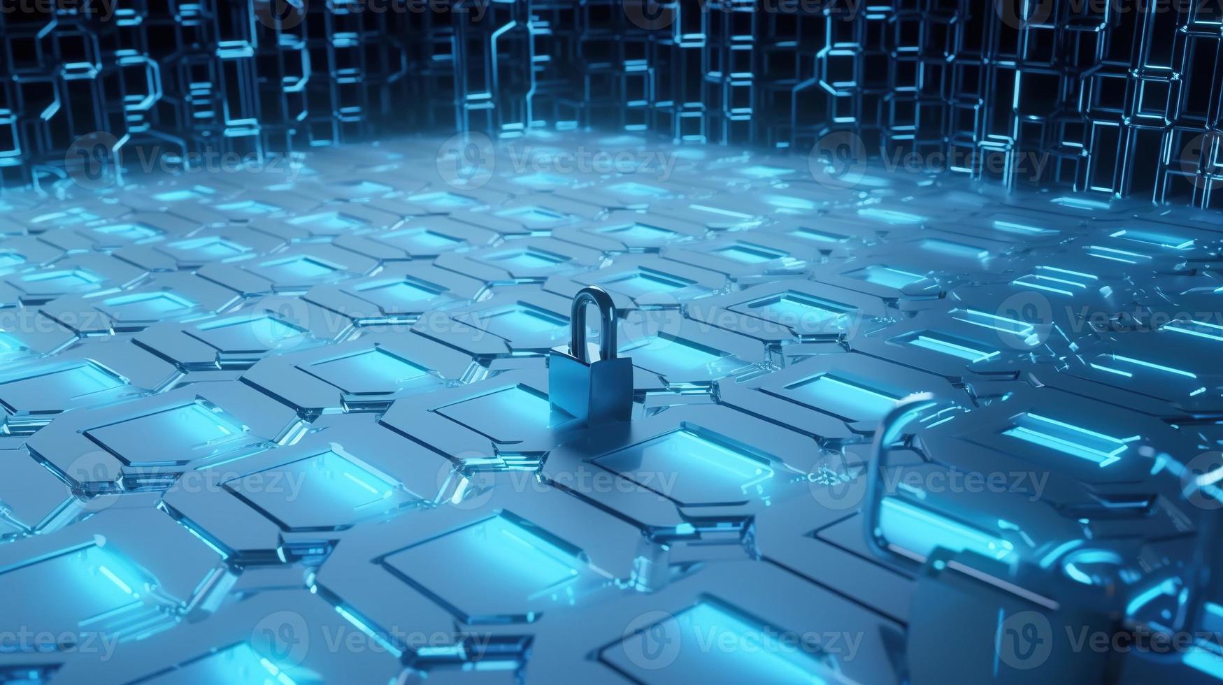 Cyber security concept with closed padlock on hexagons background 3D rendering photo