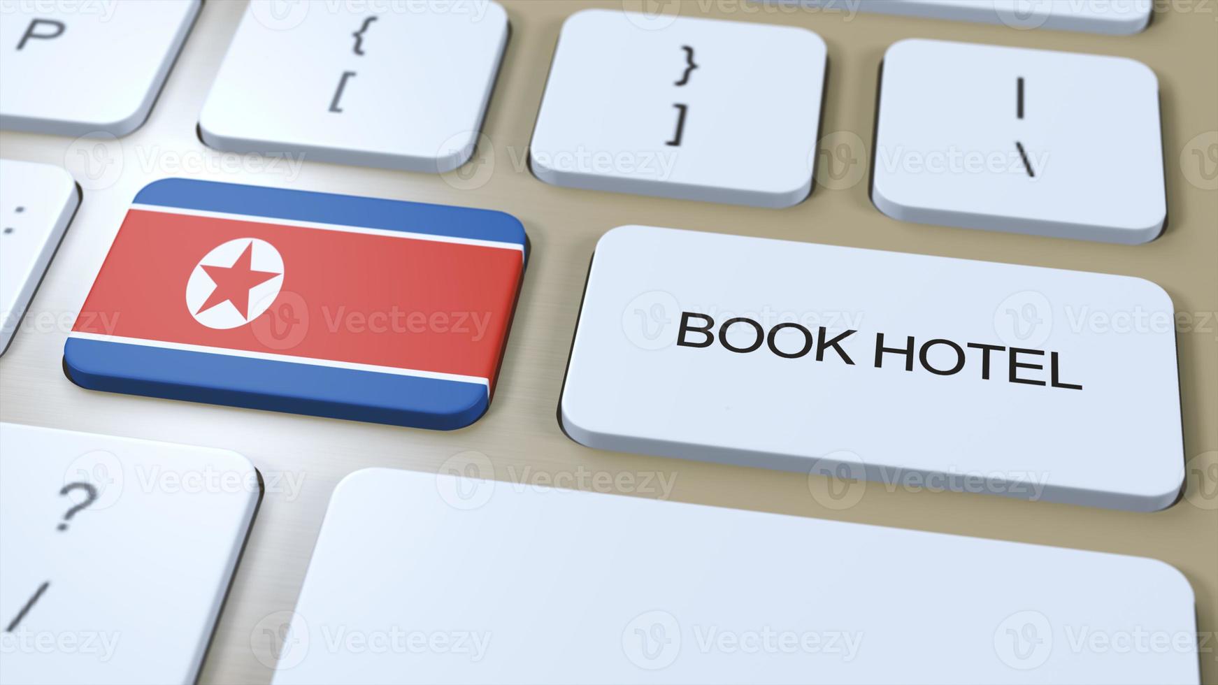 libro hotel en norte Corea con sitio web en línea. botón en computadora teclado. viaje concepto 3d animación. libro hotel texto y nacional bandera. 3d ilustración foto