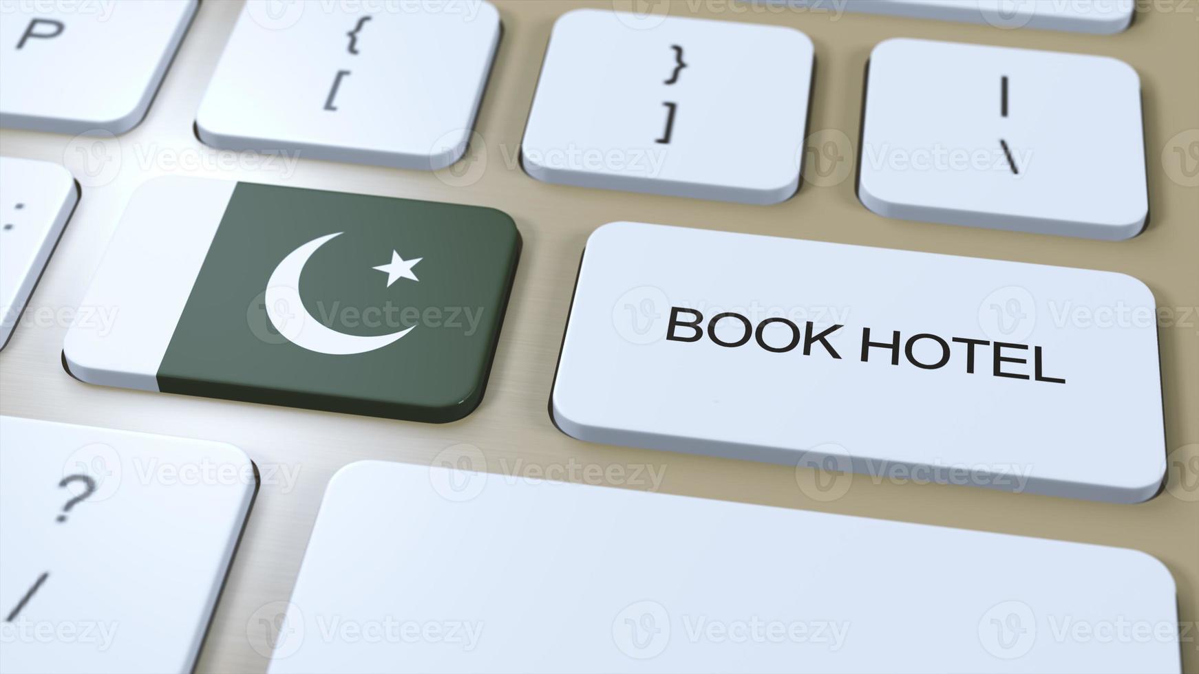 libro hotel en Pakistán con sitio web en línea. botón en computadora teclado. viaje concepto 3d animación. libro hotel texto y nacional bandera. 3d ilustración foto