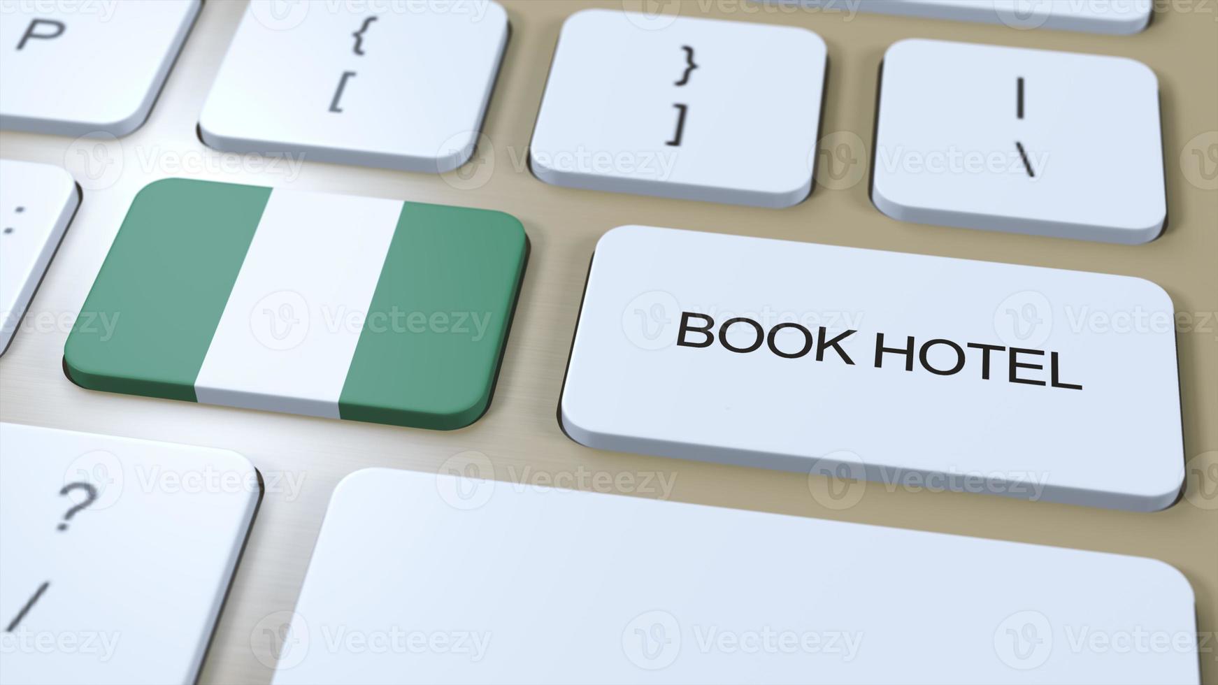 Book hotel in Nigeria with website online. Button on computer keyboard. Travel concept 3D animation. Book hotel text and national flag. 3D illustration photo