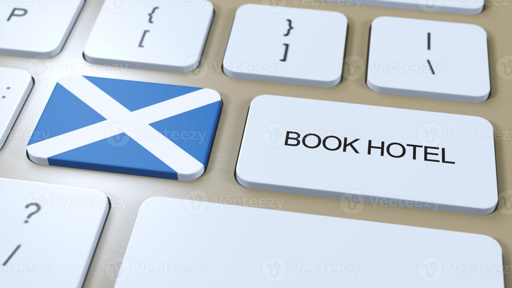 libro hotel en Escocia con sitio web en línea. botón en computadora teclado. viaje concepto 3d animación. libro hotel texto y nacional bandera. 3d ilustración foto