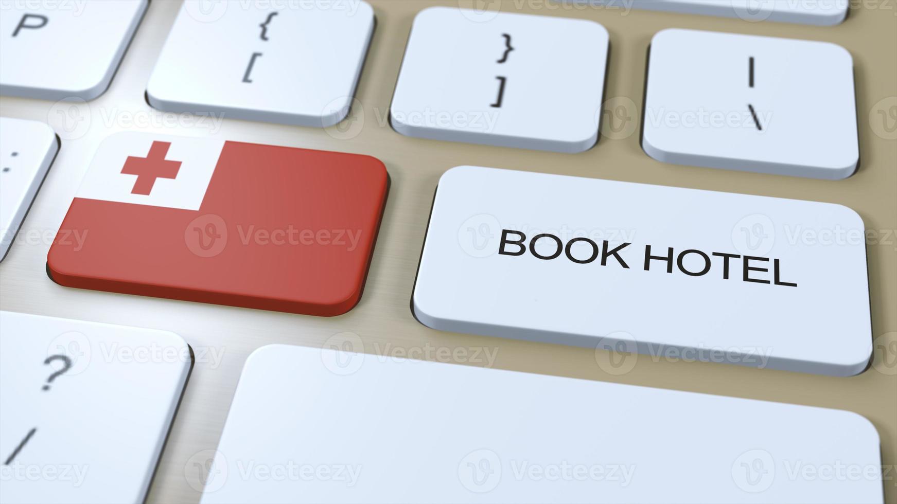 Book hotel in Tonga with website online. Button on computer keyboard. Travel concept 3D animation. Book hotel text and national flag. 3D illustration photo