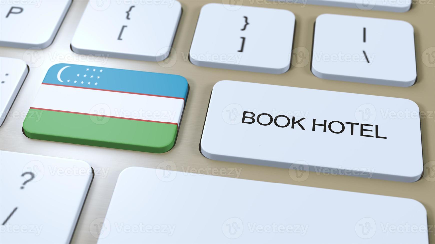 Book hotel in Uzbekistan with website online. Button on computer keyboard. Travel concept 3D animation. Book hotel text and national flag. 3D illustration photo