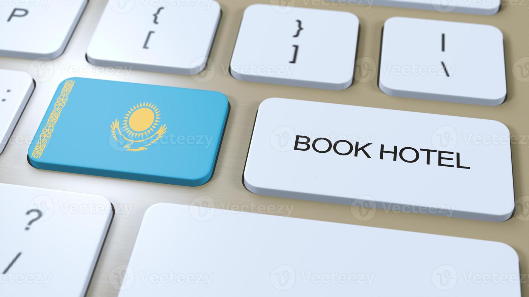 libro hotel en Kazajstán con sitio web en línea. botón en computadora teclado. viaje concepto 3d animación. libro hotel texto y nacional bandera. 3d ilustración foto