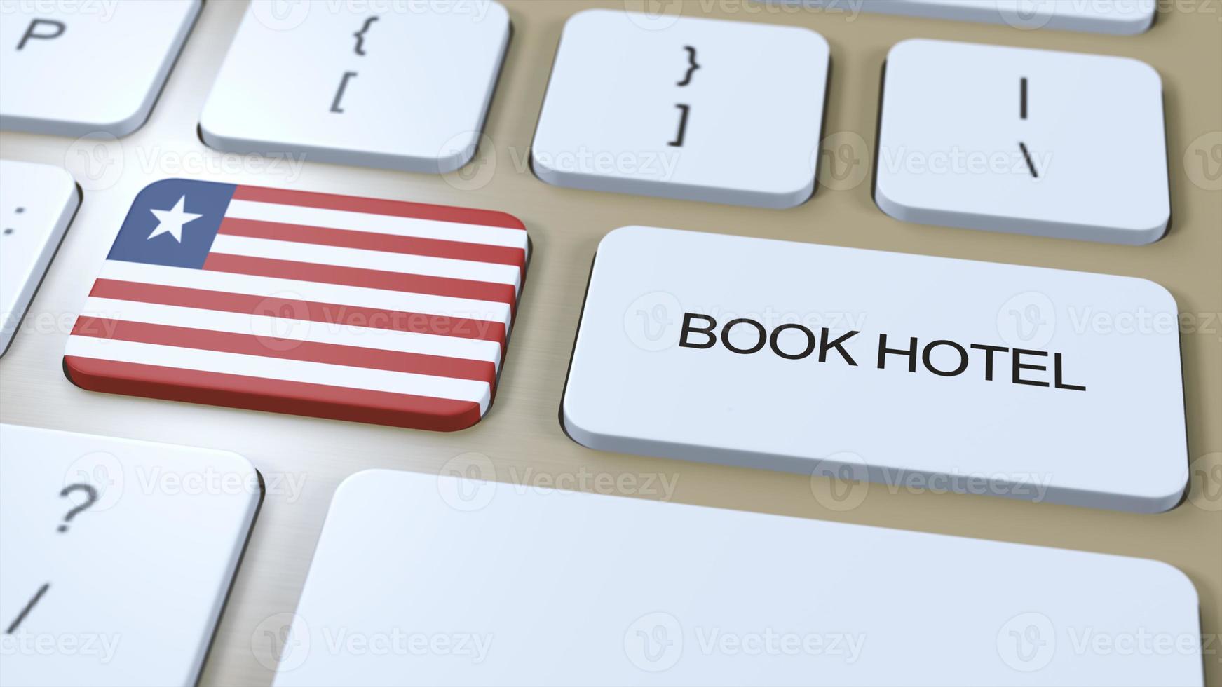 Book hotel in Liberia with website online. Button on computer keyboard. Travel concept 3D animation. Book hotel text and national flag. 3D illustration photo