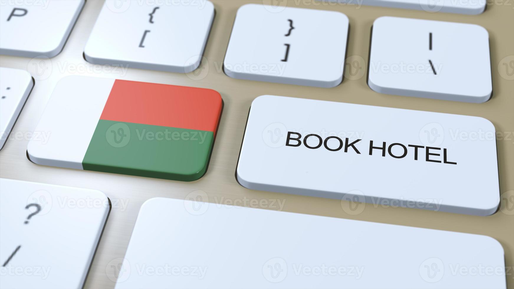libro hotel en Madagascar con sitio web en línea. botón en computadora teclado. viaje concepto 3d animación. libro hotel texto y nacional bandera. 3d ilustración foto