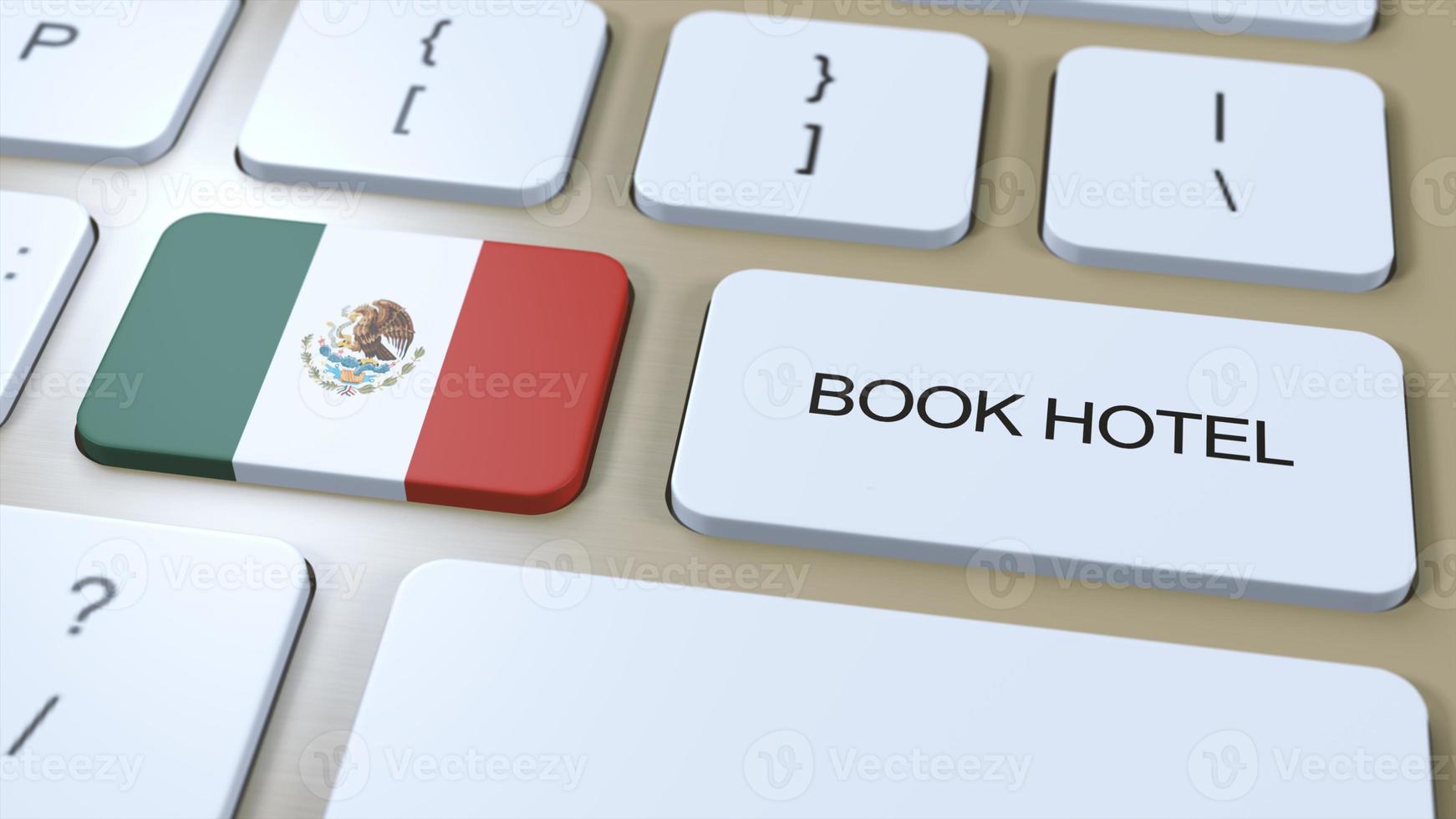 libro hotel en mexico con sitio web en línea. botón en computadora teclado. viaje concepto 3d animación. libro hotel texto y nacional bandera. 3d ilustración foto