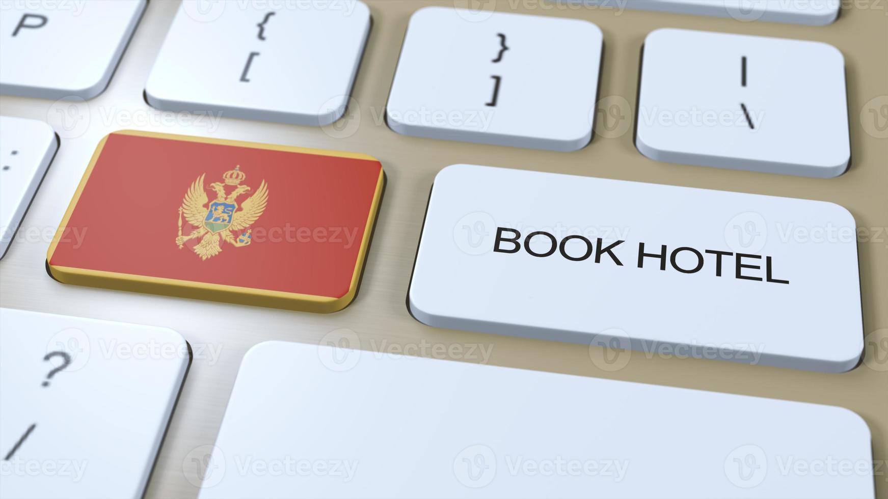 libro hotel en montenegro con sitio web en línea. botón en computadora teclado. viaje concepto 3d animación. libro hotel texto y nacional bandera. 3d ilustración foto