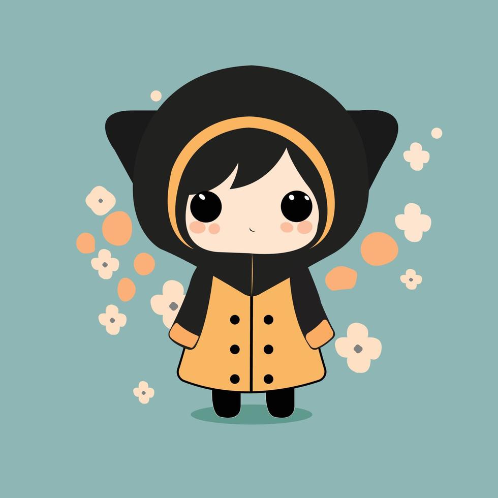 Cute cartoon girl with a cat on a blue background vector