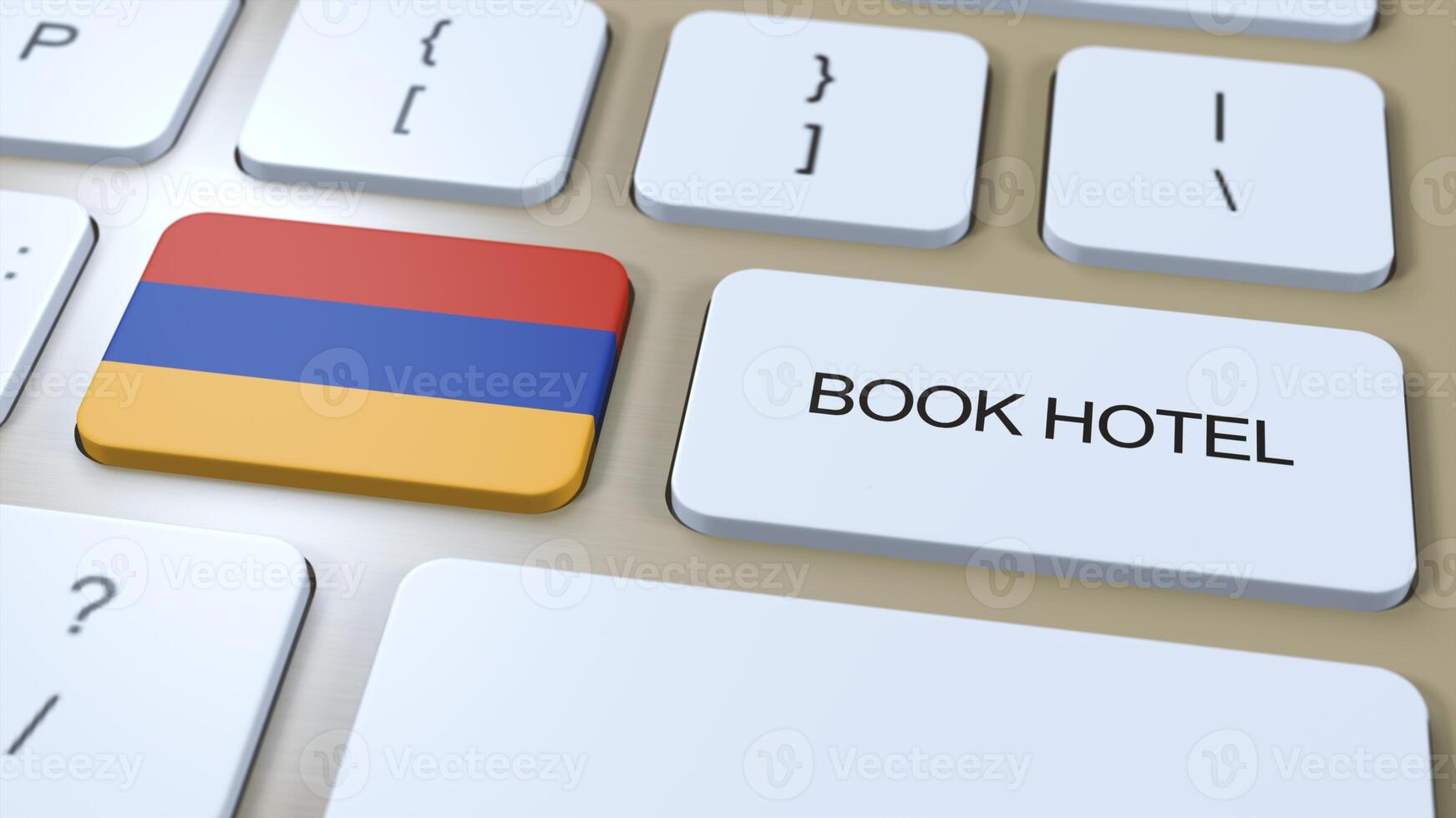 libro hotel en Armenia con sitio web en línea. botón en computadora teclado. viaje concepto 3d animación. libro hotel texto y nacional bandera. 3d ilustración foto