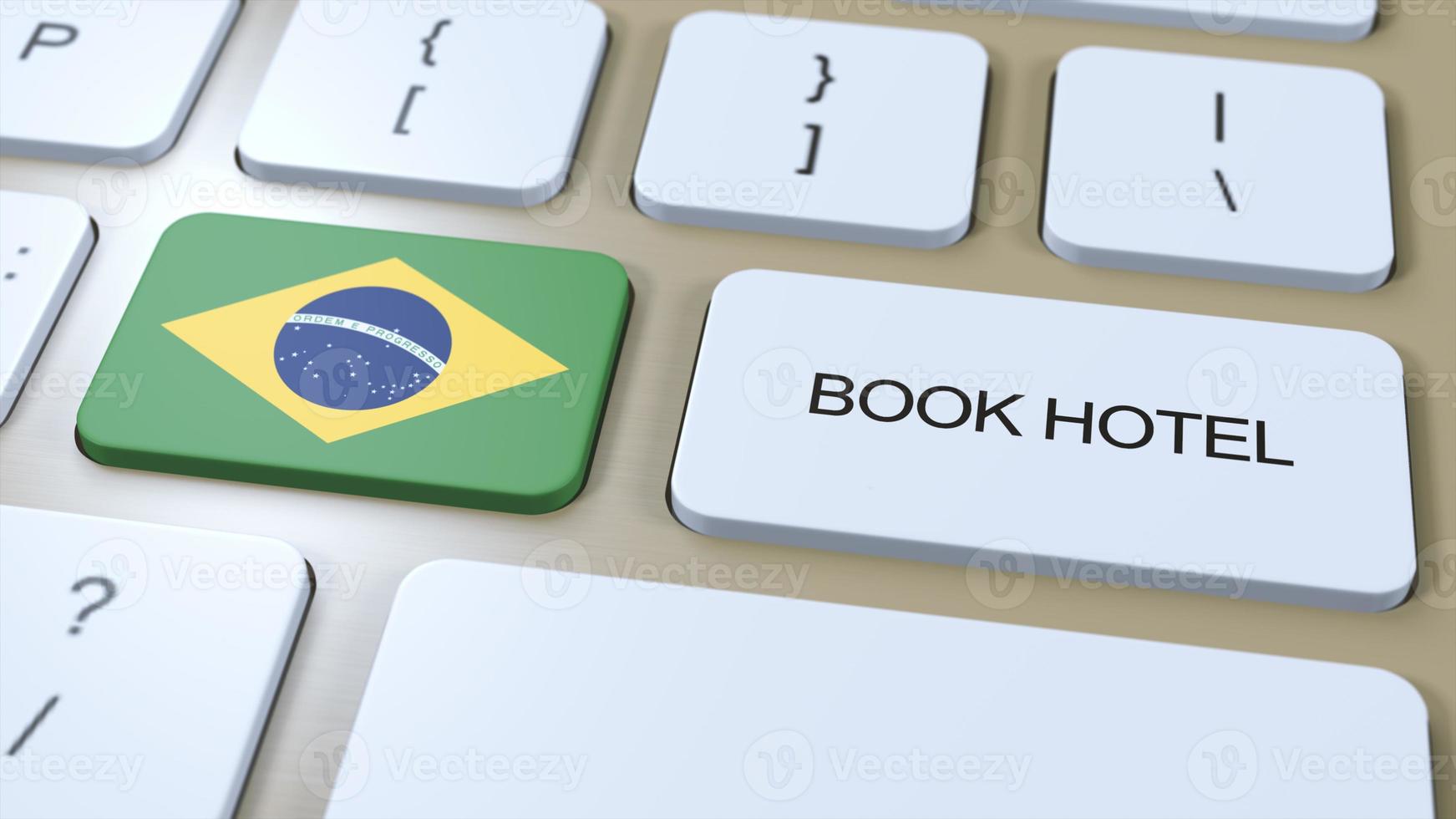 libro hotel en Brasil con sitio web en línea. botón en computadora teclado. viaje concepto 3d animación. libro hotel texto y nacional bandera. 3d ilustración foto
