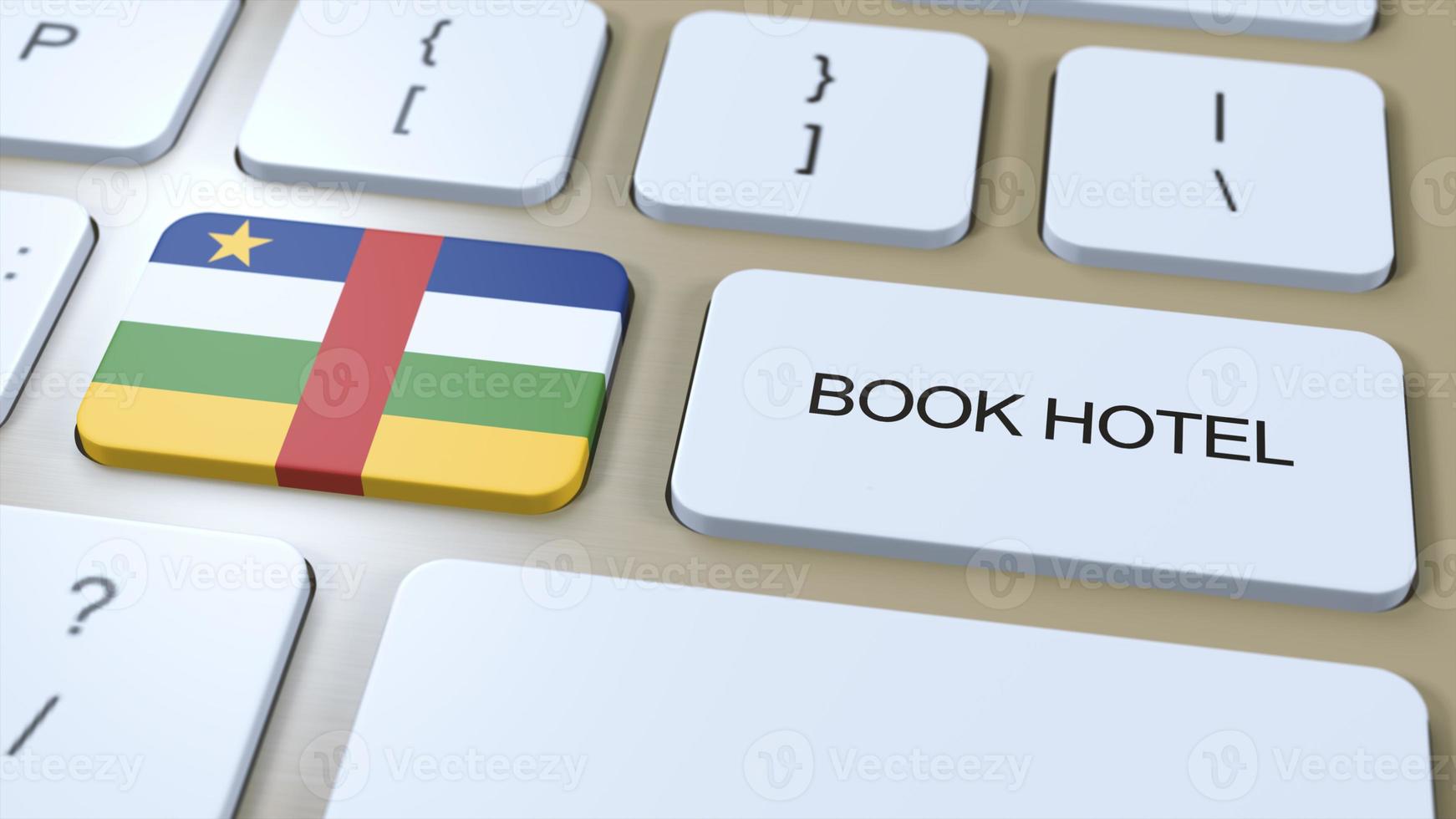 Book hotel in Central African Republic with website online. Button on computer keyboard. Travel concept 3D animation. Book hotel text and national flag. 3D illustration photo