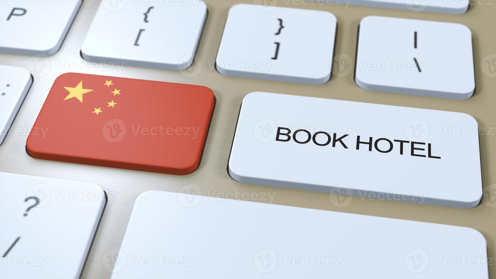 libro hotel en China con sitio web en línea. botón en computadora teclado. viaje concepto 3d animación. libro hotel texto y nacional bandera. 3d ilustración foto