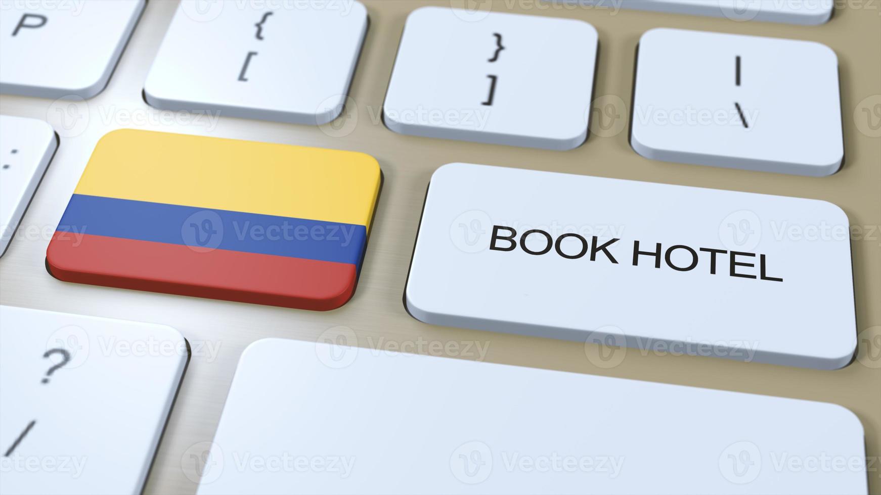 libro hotel en Colombia con sitio web en línea. botón en computadora teclado. viaje concepto 3d animación. libro hotel texto y nacional bandera. 3d ilustración foto