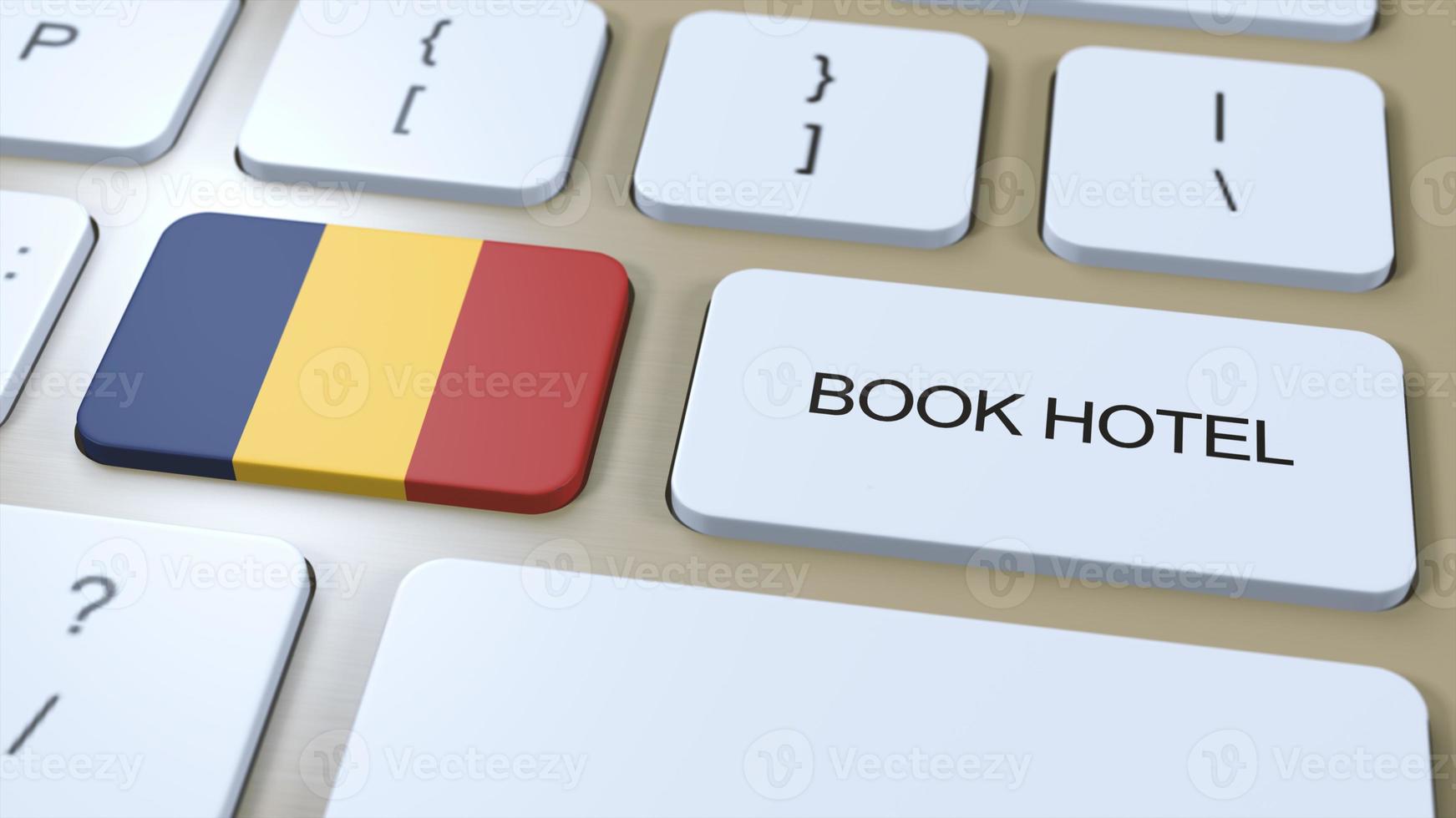 libro hotel en Chad o Rumania con sitio web en línea. botón en computadora teclado. viaje concepto 3d animación. libro hotel texto y nacional bandera. 3d ilustración foto