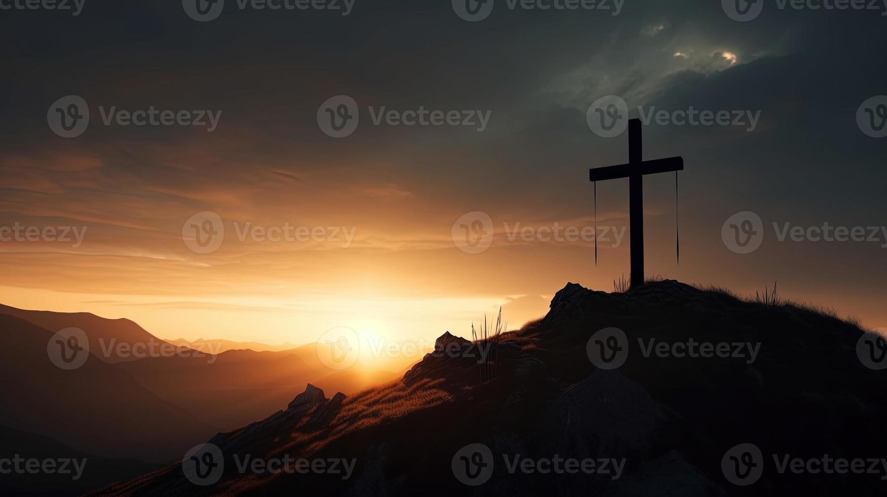 Mountain Majesty Artistic Silhouette of Crucifix Cross Against Sunset Sky photo