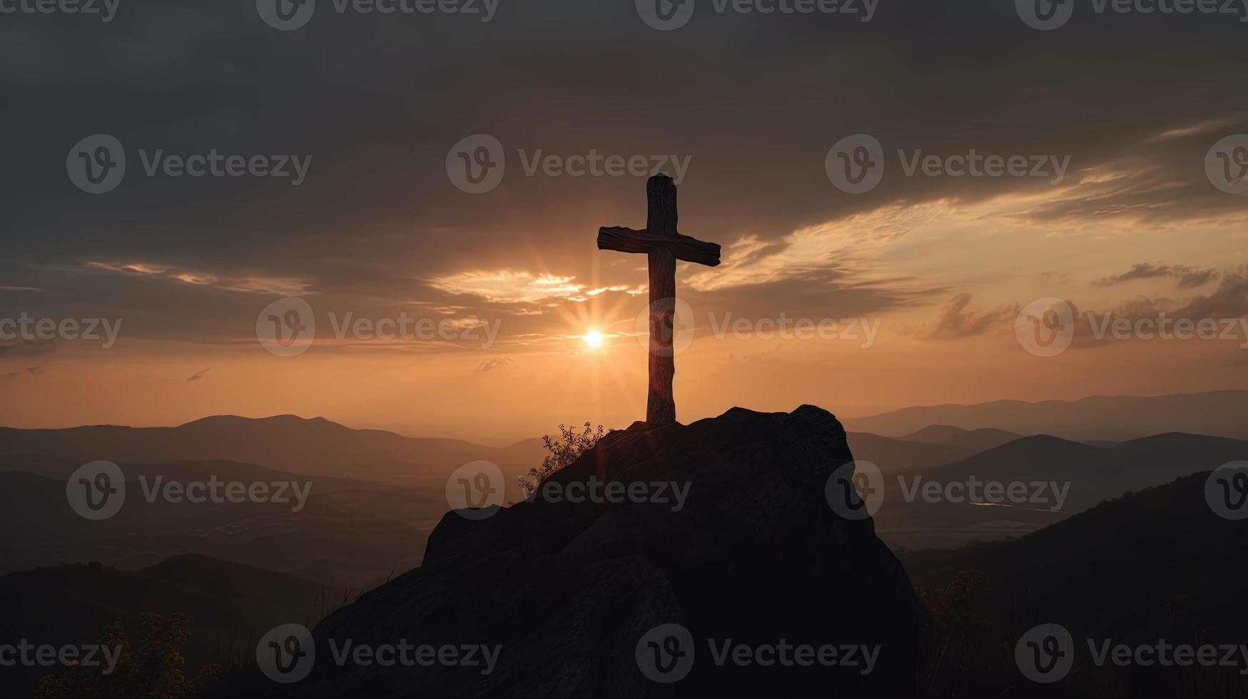 Mountain Majesty Artistic Silhouette of Crucifix Cross Against Sunset Sky photo