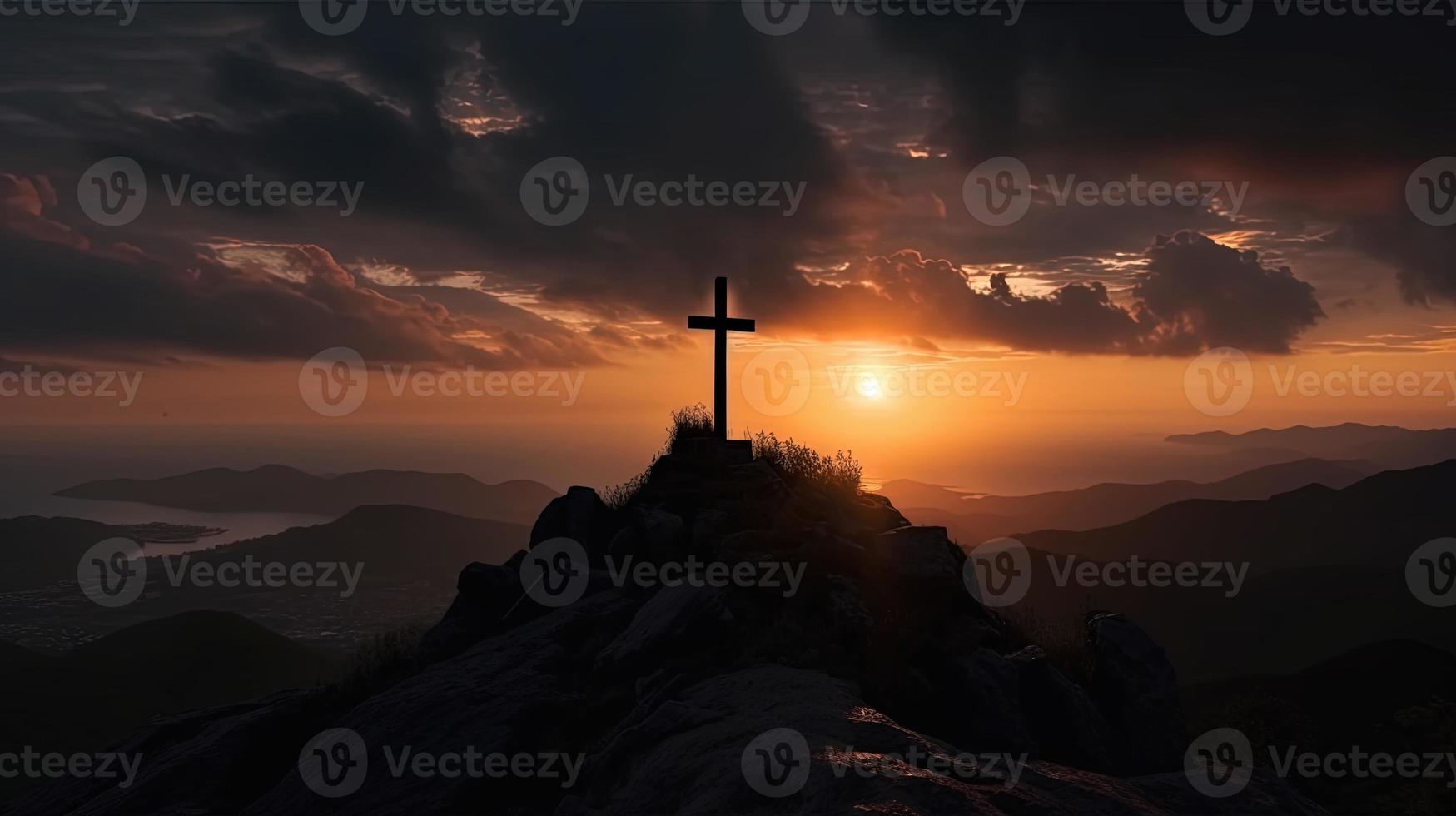 Mountain Majesty Artistic Silhouette of Crucifix Cross Against Sunset Sky photo