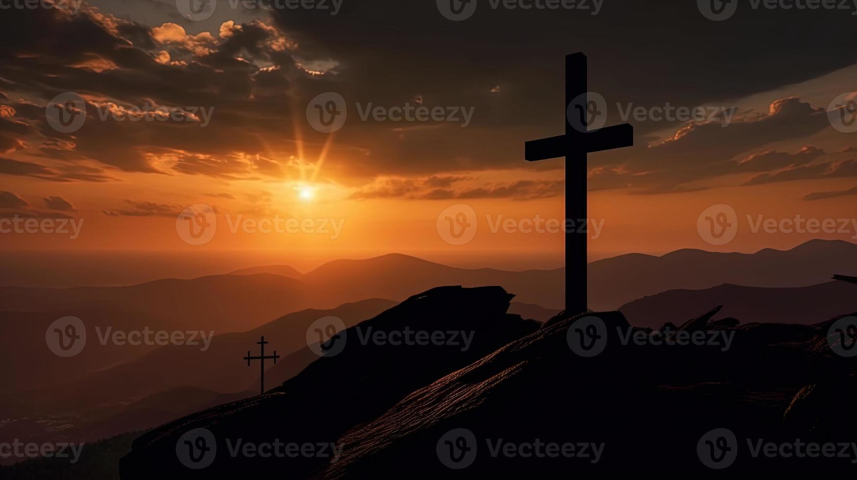 Mountain Majesty Artistic Silhouette of Crucifix Cross Against Sunset Sky photo