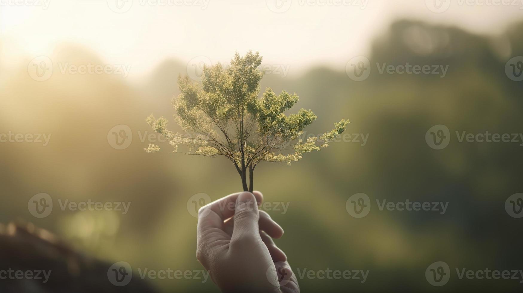 Artistic Hands Embrace Nature's Beauty Holding Tree Over Blurred