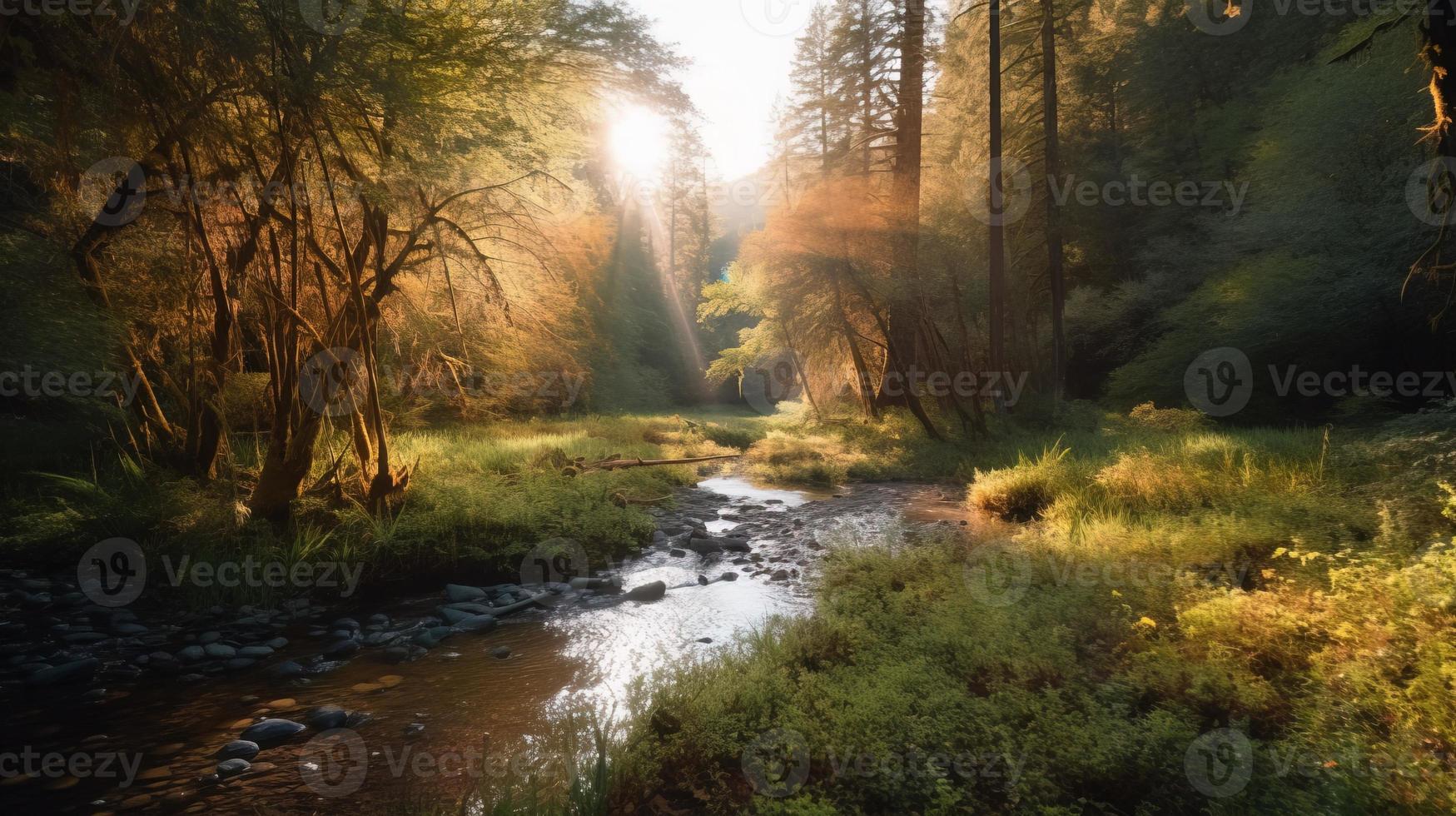 A peaceful forest clearing bathed in warm sunlight, surrounded by tall trees and lush foliage, with a gentle stream trickling through the undergrowth and a distant mountain range visible photo