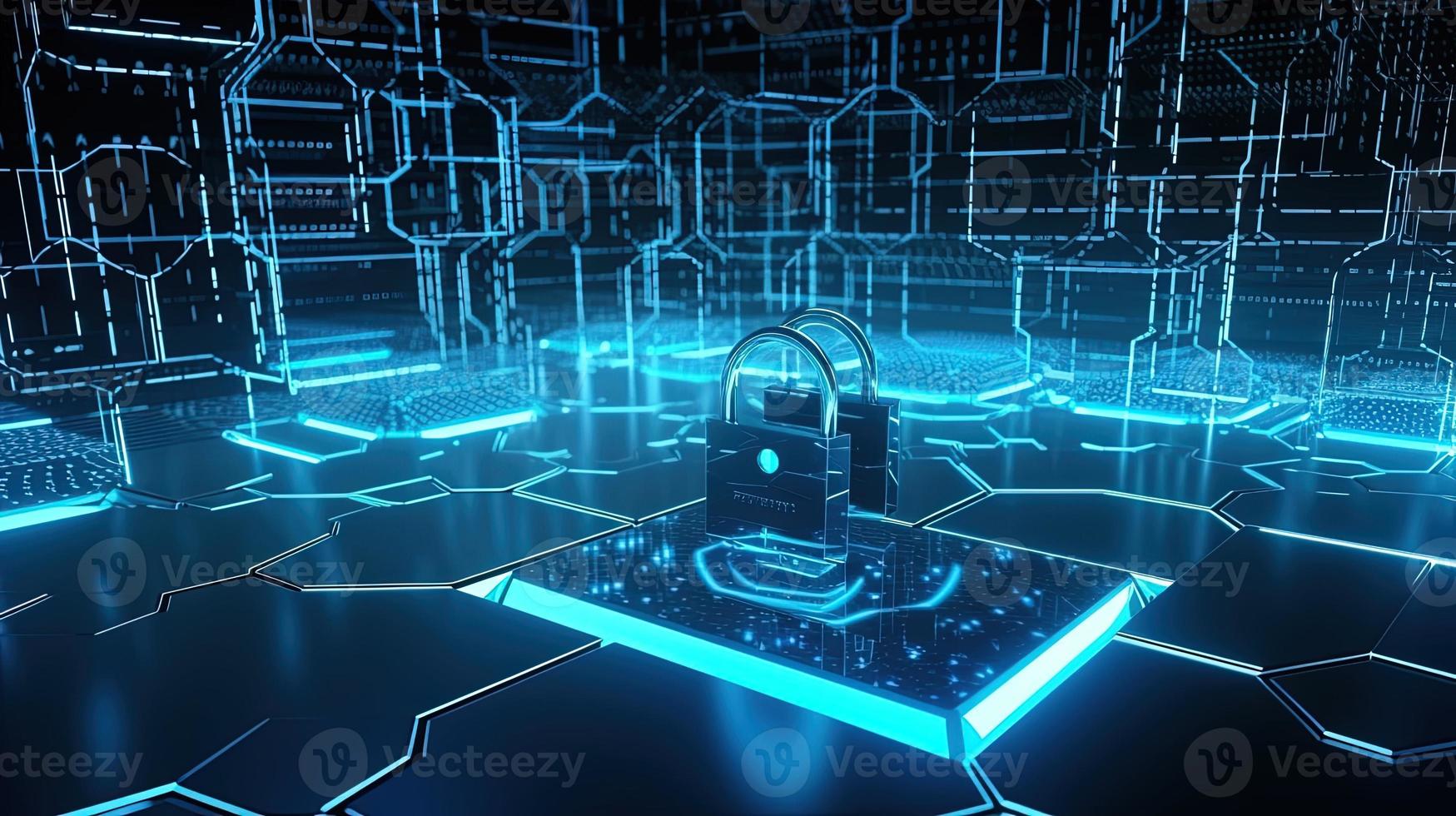 Cyber security concept with closed padlock on hexagons background 3D rendering photo
