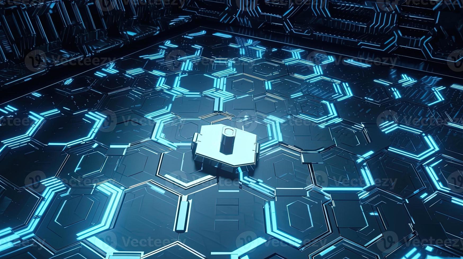 Cyber security concept with closed padlock on hexagons background 3D rendering photo