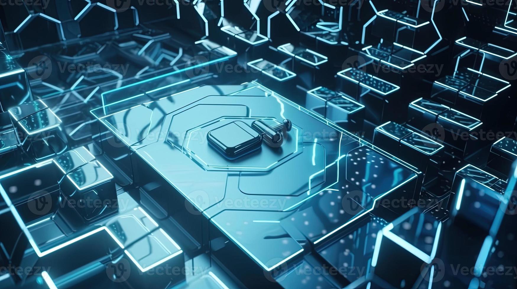 Cyber security concept with closed padlock on hexagons background 3D rendering photo