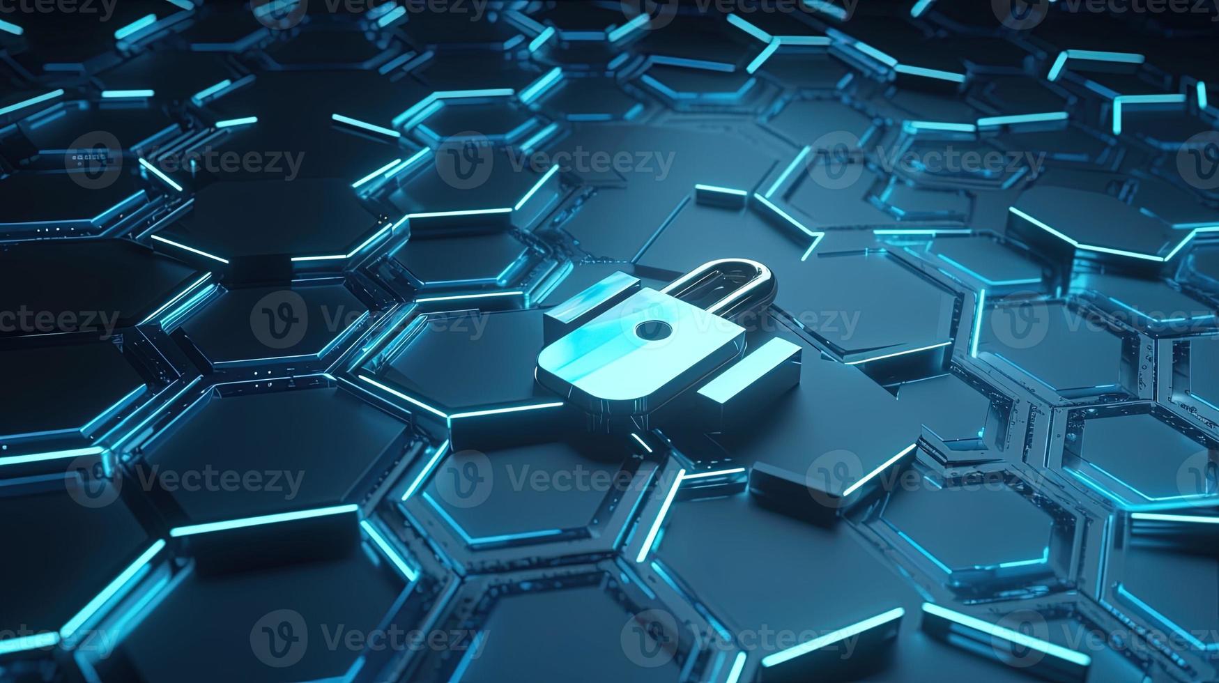 Cyber security concept with closed padlock on hexagons background 3D rendering photo