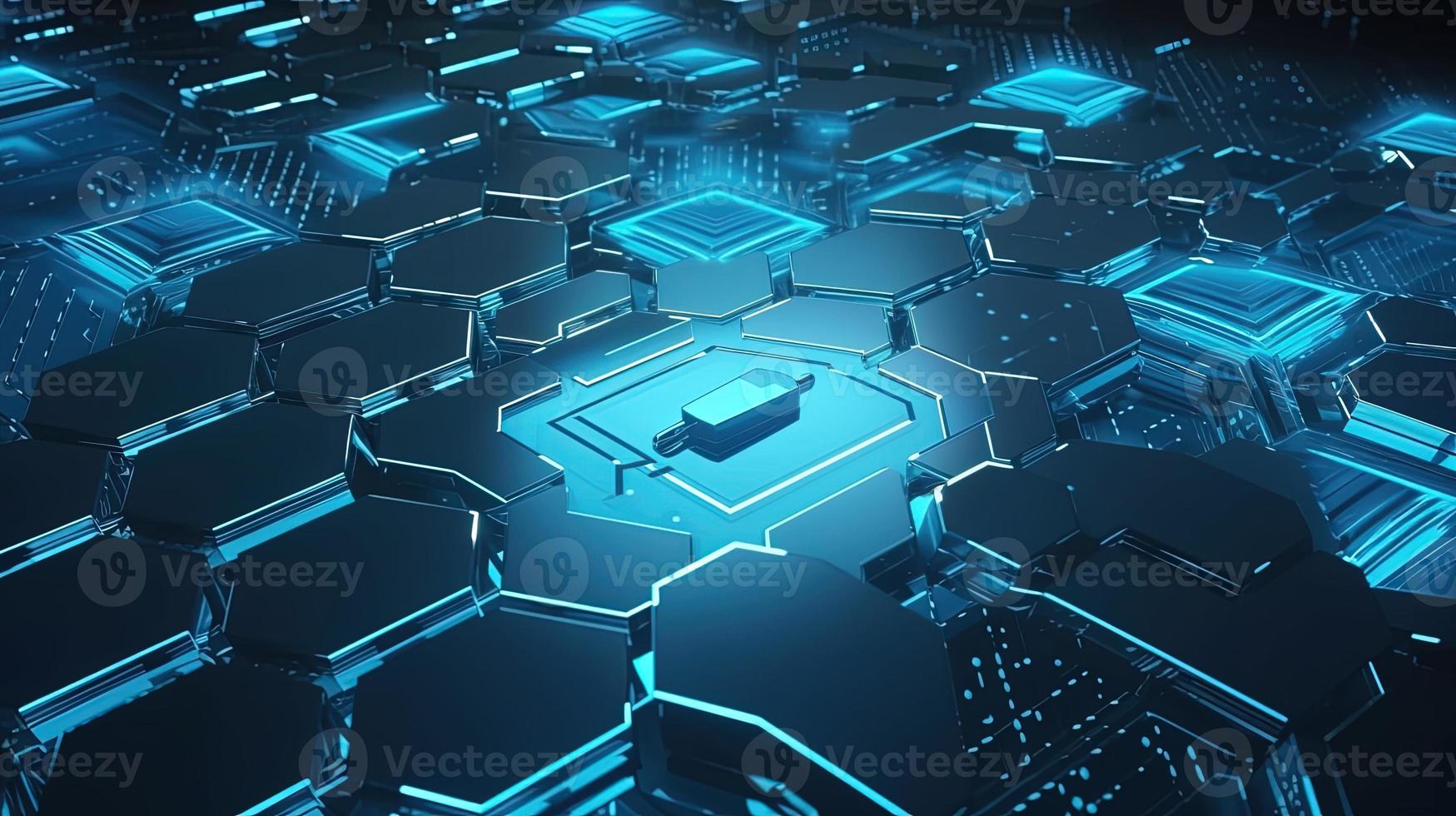 Cyber security concept with closed padlock on hexagons background 3D rendering photo