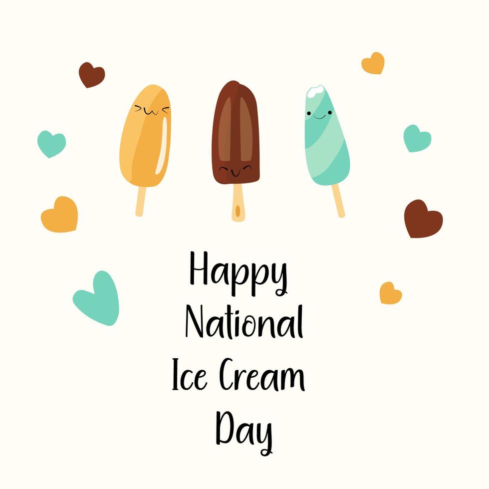 Bright summer poster with sweets. A collection of cute elements for a summer party.Vector Illustration for Happy national ice cream day on hearts background. No Diet Day , Eat What You Want Day vector