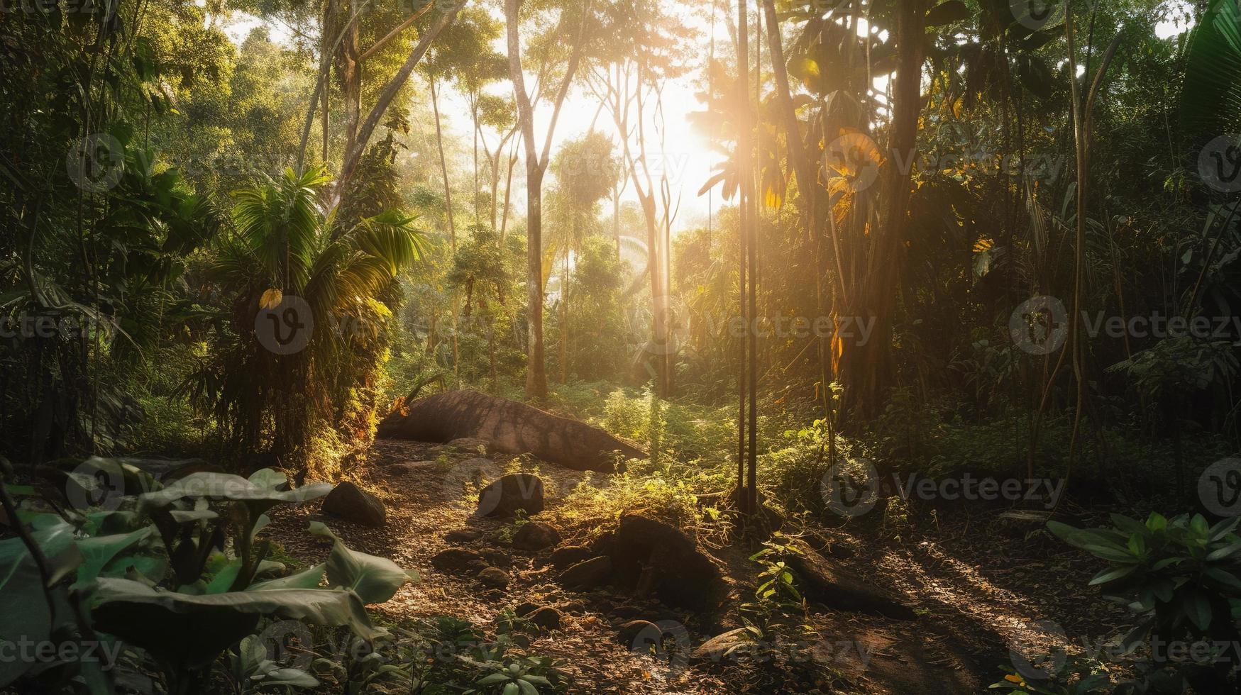 A peaceful forest clearing bathed in warm sunlight, surrounded by tall trees and lush foliage, with a gentle stream trickling through the undergrowth and a distant mountain range visible photo