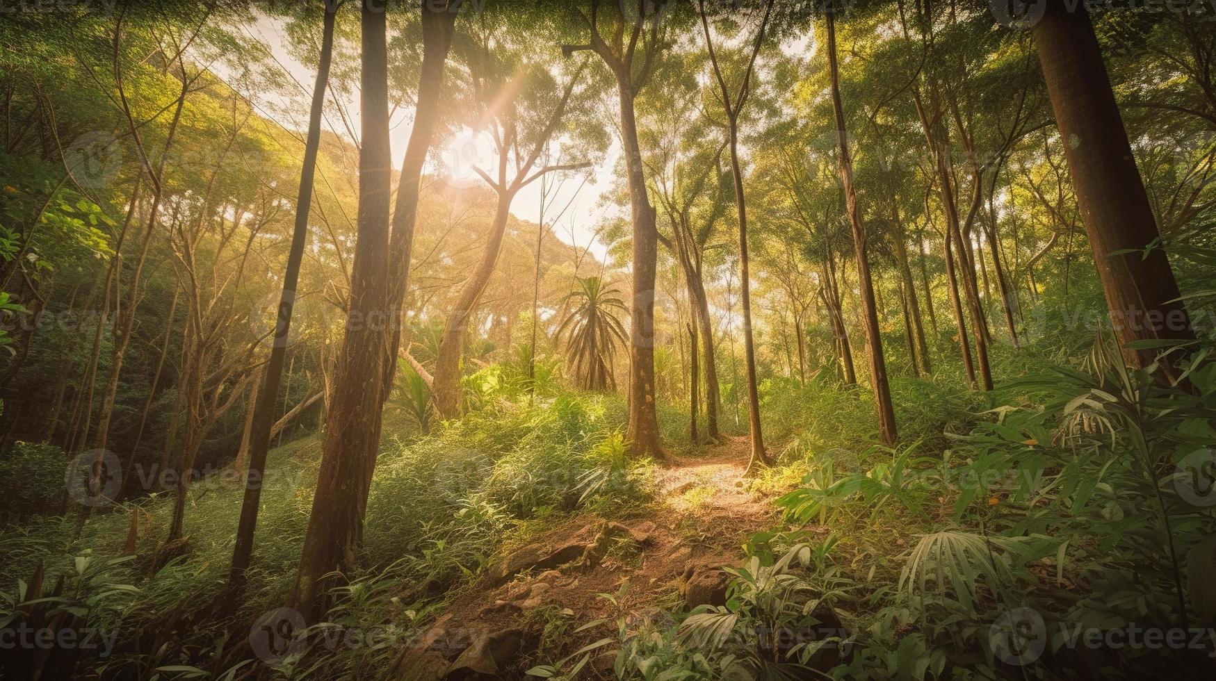 A peaceful forest clearing bathed in warm sunlight, surrounded by tall trees and lush foliage, with a gentle stream trickling through the undergrowth and a distant mountain range visible photo