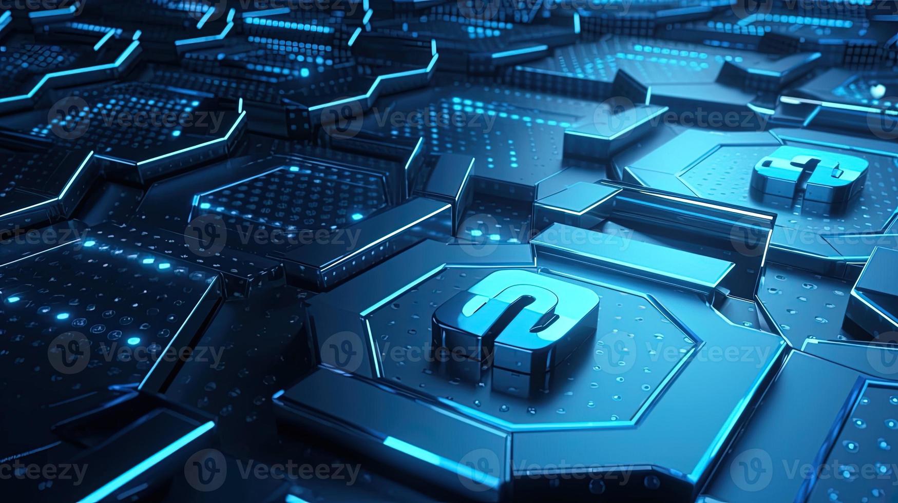 Cyber security concept with closed padlock on hexagons background 3D rendering photo