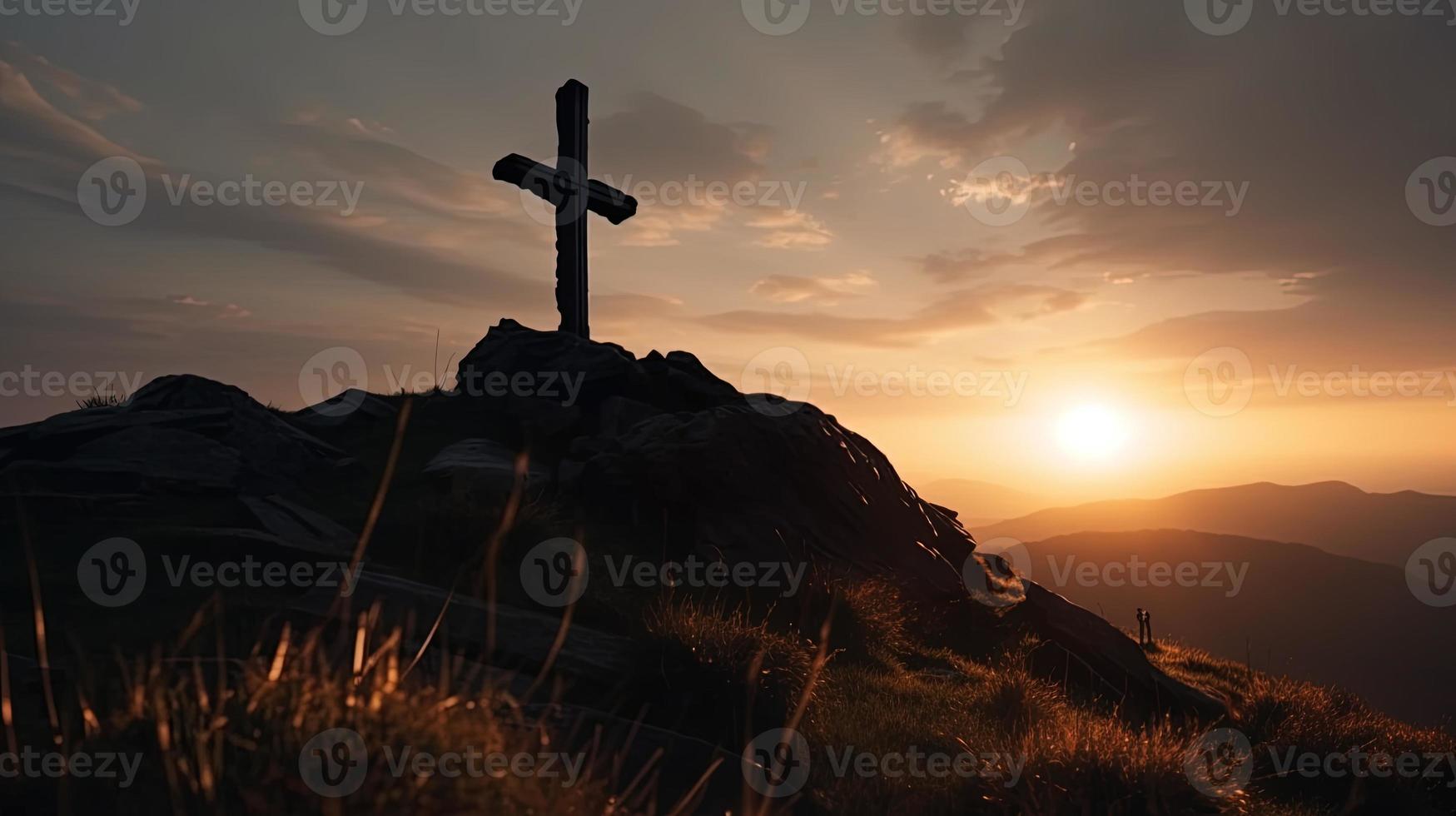 Mountain Majesty Artistic Silhouette of Crucifix Cross Against Sunset Sky photo