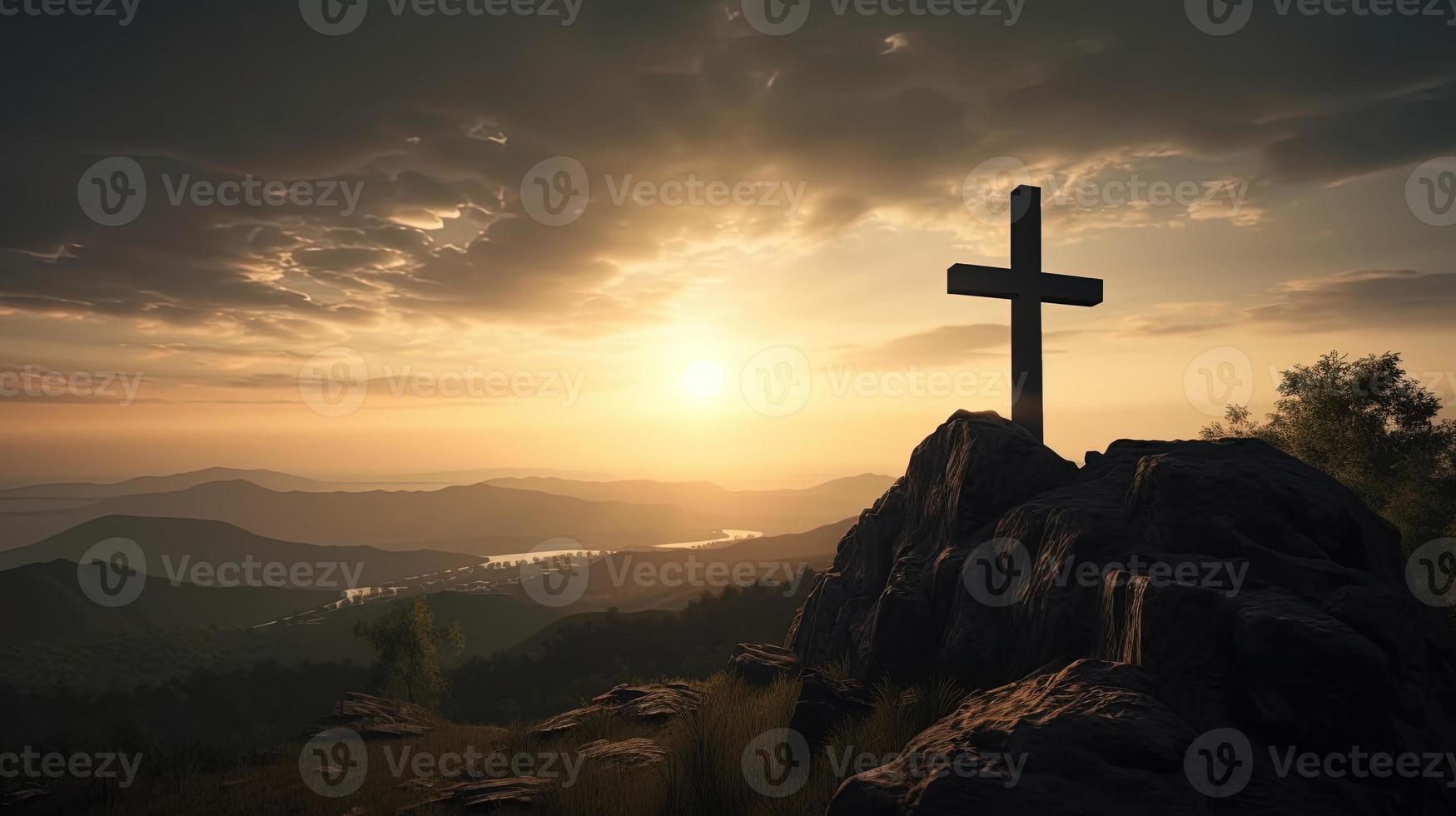 Mountain Majesty Artistic Silhouette of Crucifix Cross Against Sunset Sky photo