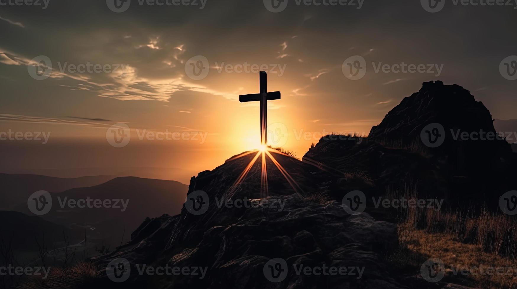 Mountain Majesty Artistic Silhouette of Crucifix Cross Against Sunset Sky photo