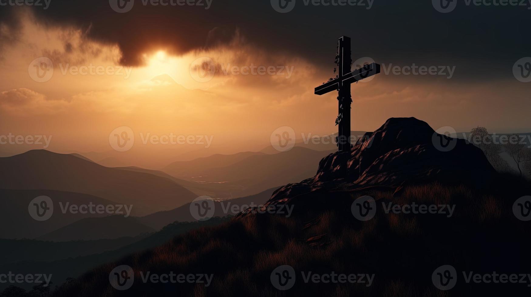 Mountain Majesty Artistic Silhouette of Crucifix Cross Against Sunset Sky photo