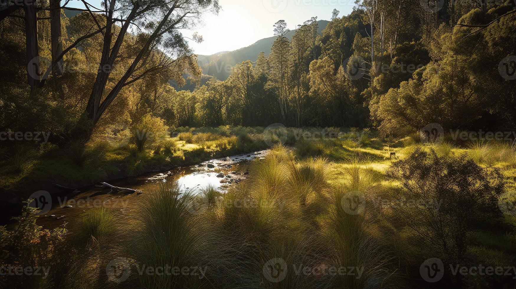 A peaceful forest clearing bathed in warm sunlight, surrounded by tall trees and lush foliage, with a gentle stream trickling through the undergrowth and a distant mountain range visible photo