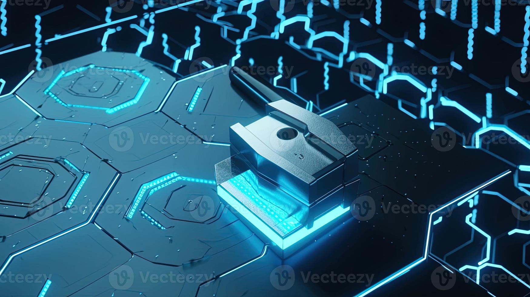 Cyber security concept with closed padlock on hexagons background 3D rendering photo