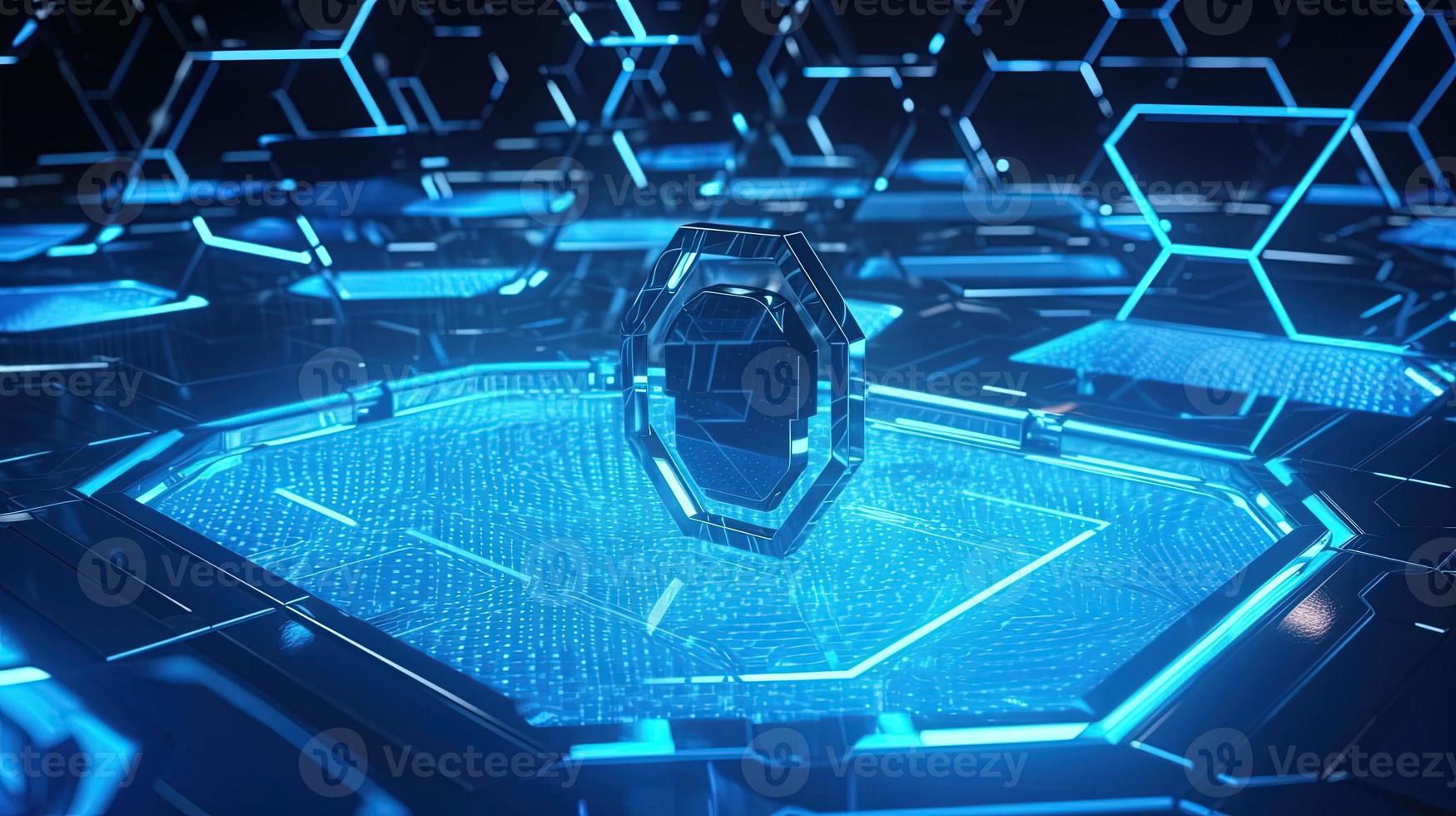 Cyber security concept with closed padlock on hexagons background 3D rendering photo