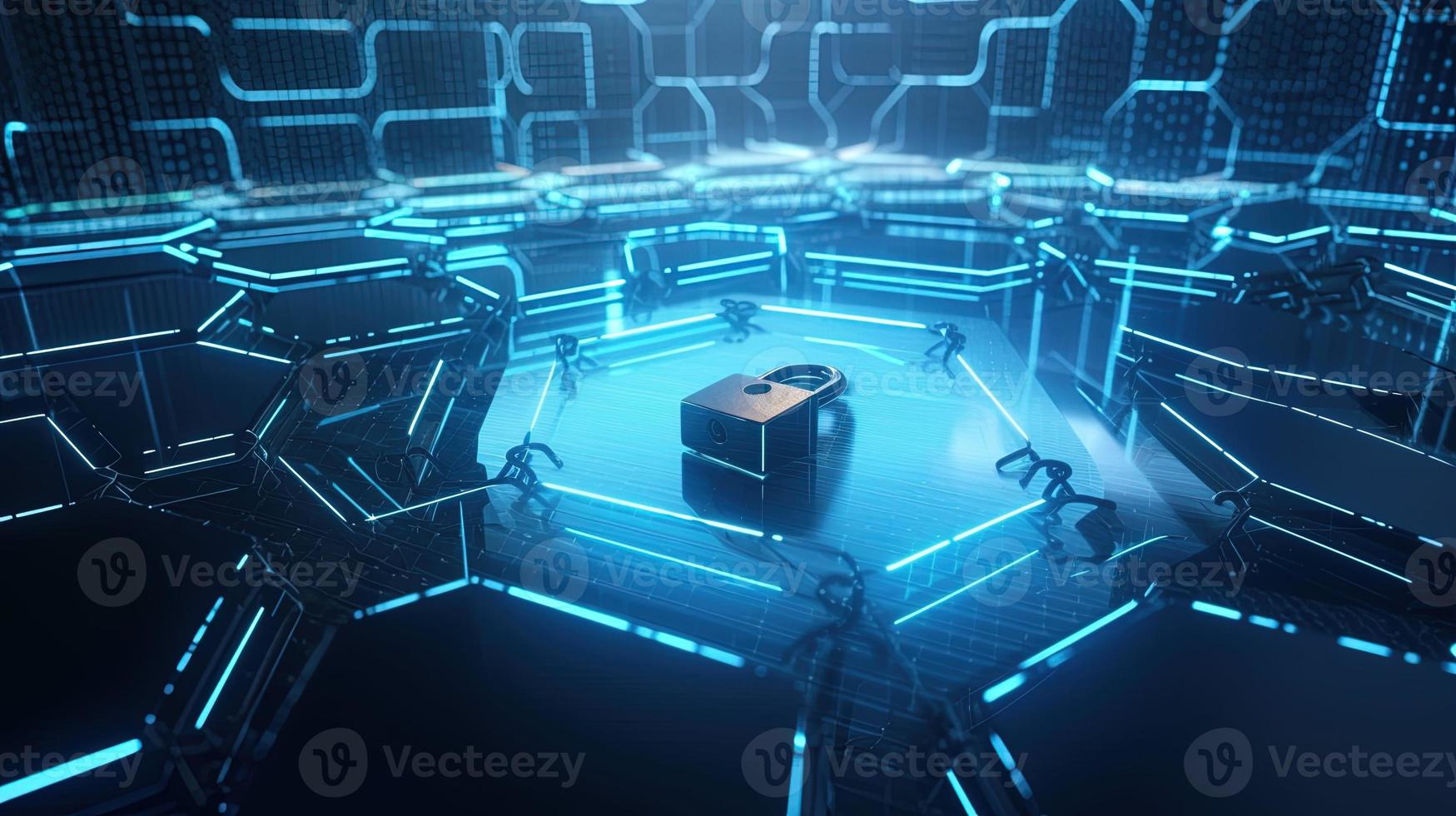 Cyber security concept with closed padlock on hexagons background 3D rendering photo