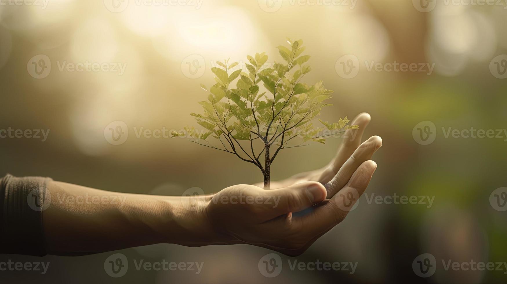 Artistic Hands Embrace Nature's Beauty Holding Tree Over Blurred Background photo