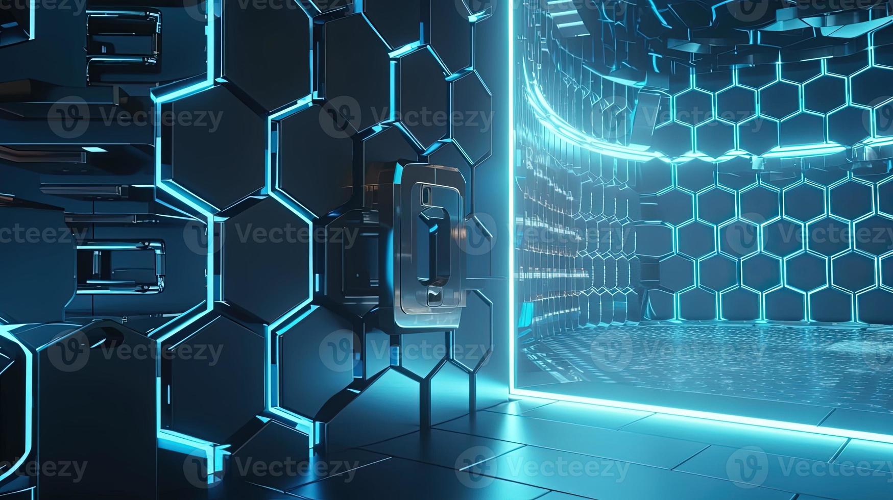 Cyber security concept with closed padlock on hexagons background 3D rendering photo