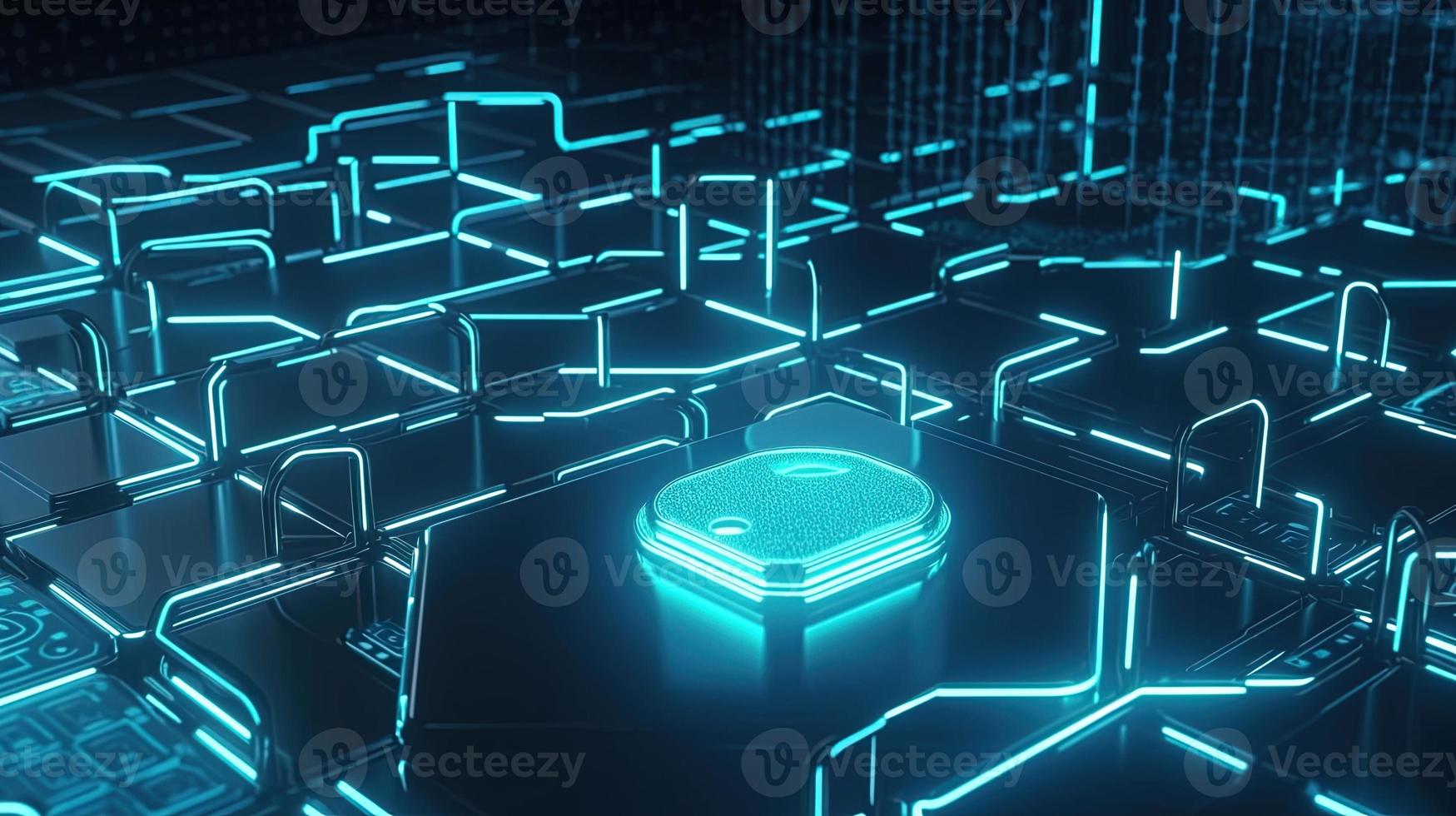 Cyber security concept with closed padlock on hexagons background 3D rendering photo